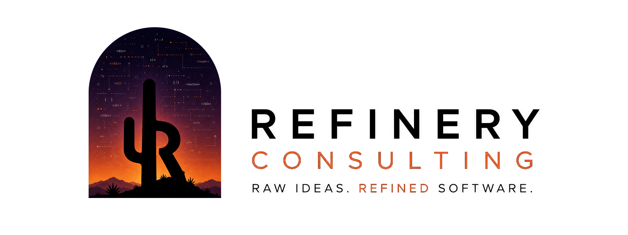 Refinery Consulting horizontal logo with black lettering and orange accents on a transparent background